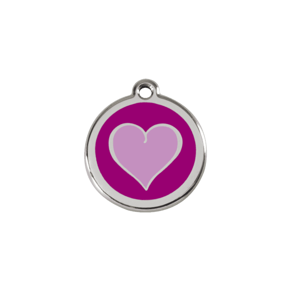 Vue avant - Médaille personnalisée pour chien/chat Red Dingo Émail et acier inoxydable - Coeur violet - Taille S