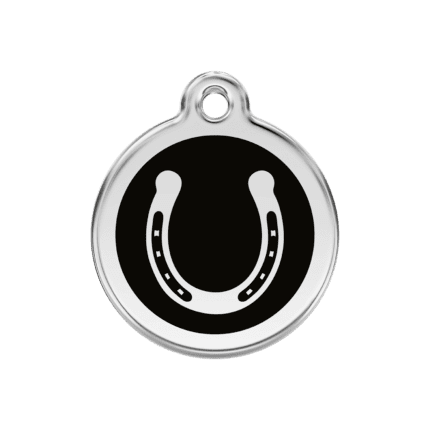 Vue avant - Médaille personnalisable pour chien en émail et acier inoxydable Red Dingo - Motif fer à cheval noir - Taille M