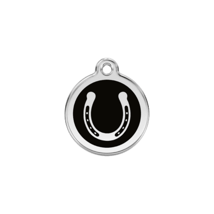 Vue avant - Médaille personnalisée pour chien/chat Red Dingo Émail et acier inoxydable Fer à cheval Noir S 20.00 7G