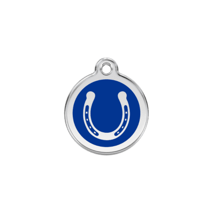 Vue avant - Médaille personnalisée pour chien/chat Red Dingo Émail/Acier inoxydable - Fer à cheval - Bleu foncé - Taille S - 01-HS-DB-SM