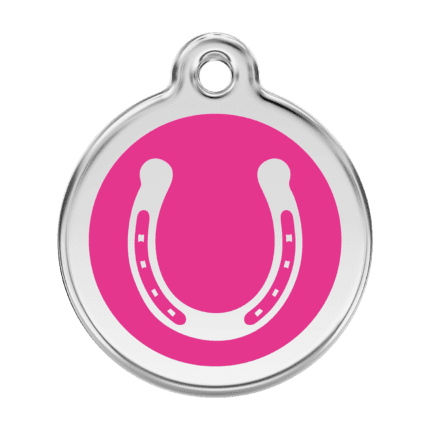 Vue avant - Médaille personnalisée pour chien Red Dingo Émail et acier inoxydable Fer à cheval Rose vif - Taille L
