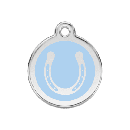 Vue avant - Médaille personnalisée pour chien Red Dingo Émail et acier inoxydable - Fer à cheval bleu clair - Taille M 30.00mm