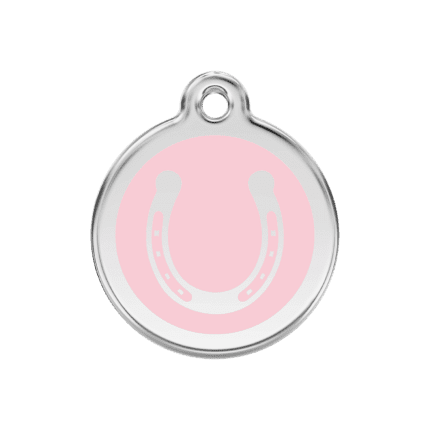 Vue avant - Médaille personnalisée pour chien Red Dingo Émail et acier inoxydable Fer à cheval Rose M