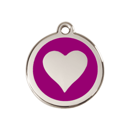 Vue avant - Médaille personnalisée pour chien Red Dingo cœur violet en émail et acier inoxydable - Taille M
