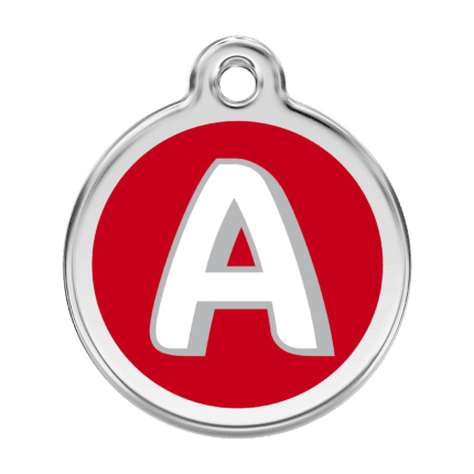 Vue avant - Médaille personnalisée pour chien ou chat - Red Dingo Émail et acier inoxydable - Lettre A rouge - Taille L 38.00mm