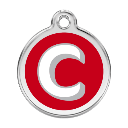 Vue avant - Médaille personnalisée pour chien Red Dingo Émail et acier inoxydable - Lettre C - Rouge - Taille L