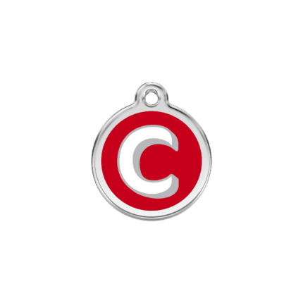 Vue avant - Médaille personnalisable pour chien ou chat Red Dingo Émail et acier inoxydable - Lettre C - Rouge - Taille S