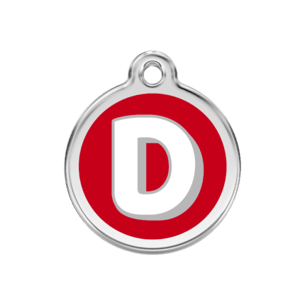 Vue avant - Médaille personnalisée pour chien Red Dingo Émail et acier inoxydable - Lettre D - Rouge - Taille M
