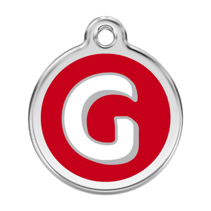 Vue avant - Médaille personnalisée pour chien Red Dingo Émail et acier inoxydable - Lettre G - Rouge - Taille L