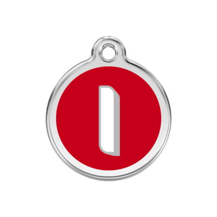 Vue avant - Médaille personnalisée pour chien Red Dingo Émail et acier inoxydable - Lettre I - Rouge - Taille M