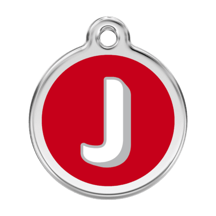 Vue avant - Médaille personnalisée pour chien Red Dingo Émail et acier inoxydable - Lettre J - Rouge - Taille L