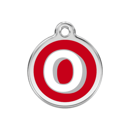 Vue avant - Médaille personnalisable pour chien Red Dingo Émail et acier inoxydable - Lettre O rouge - Taille M
