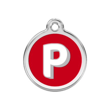 Vue avant - Médaille personnalisée pour chien Red Dingo Émail et acier inoxydable - Lettre P - Rouge - Taille M