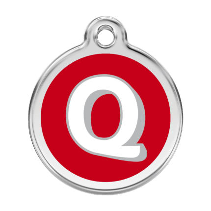 Vue avant - Médaille personnalisée pour chien Red Dingo Émail et acier inoxydable - Lettre Q - Rouge - Taille L