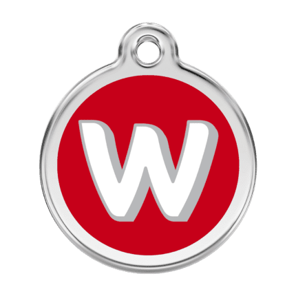 Vue avant - Médaille personnalisée chien Red Dingo Émail et acier inoxydable Lettre W Rouge - Taille L