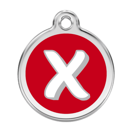 Vue avant - Médaille personnalisée pour chien Red Dingo Émail et acier inoxydable - Lettre X - Rouge - Taille L