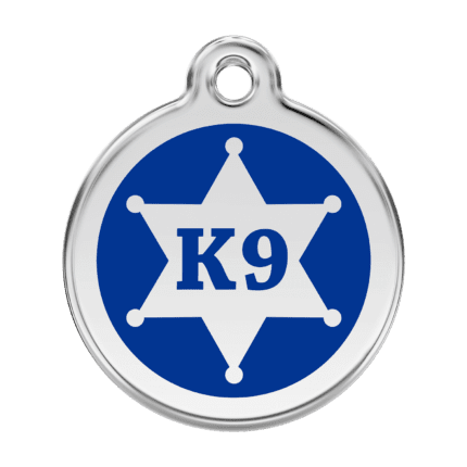 Vue avant - Médaille personnalisée pour chien Red Dingo Émail et acier inoxydable - K9 Sh?rif - Bleu fonc? - Taille L