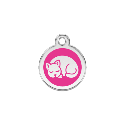 Vue avant - Médaille personnalisée en émail et acier inoxydable pour chat - Red Dingo - Motif chaton rose vif - Taille S