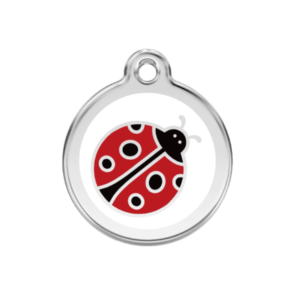 Vue avant - Médaille personnalisée pour chien Red Dingo Émail et acier inoxydable - Motif Coccinelle - Blanc - Taille M
