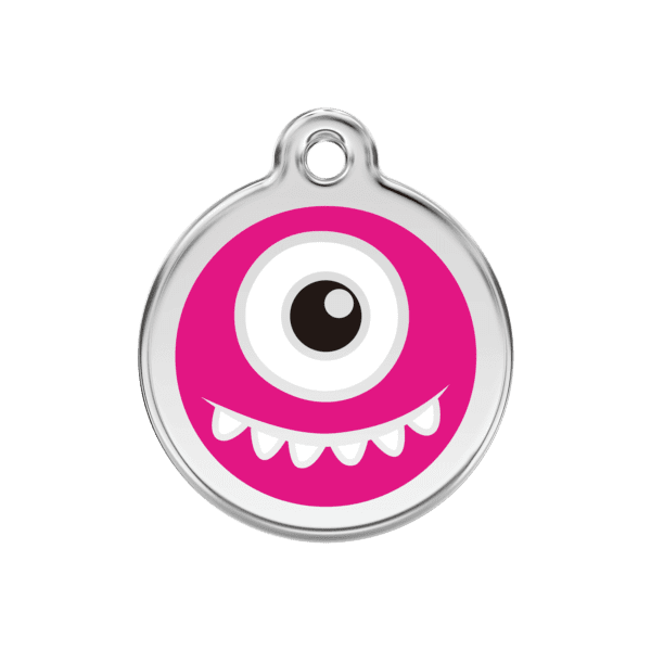 Vue avant - Médaille personnalisée pour chien Red Dingo Émail et acier inoxydable Monstre Rose vif - Taille M