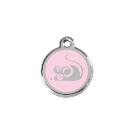 Vue avant - Médaille personnalisée en émail et acier inoxydable pour chat - Red Dingo - Motif souris rose - Taille S