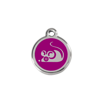 Vue avant - Médaille personnalisée en émail et acier inoxydable pour chat - Red Dingo - Motif souris violet - Taille S