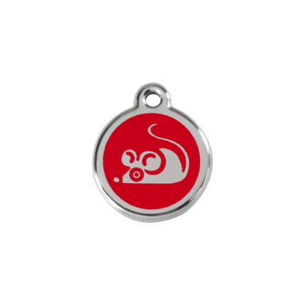 Vue avant - Médaille personnalisée pour chat ou petit chien - Red Dingo Émail et acier inoxydable - Motif souris rouge