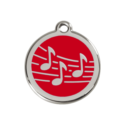 Vue avant - Médaille personnalisée pour chien Red Dingo Émail et acier inoxydable - Motif Musique - Rouge - Taille M