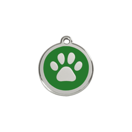 Vue avant - Médaille personnalisée pour chien/chat Red Dingo Émail et acier inoxydable - Empreinte de patte - Vert - Taille S