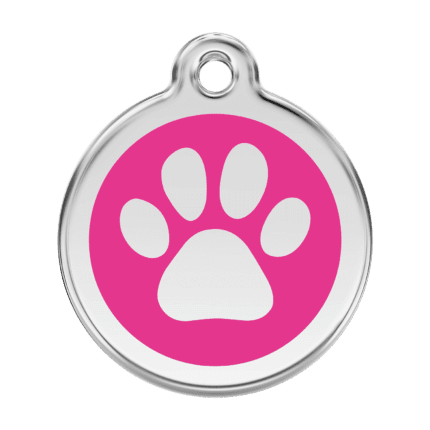 Vue avant - Médaille personnalisée pour chien ou chat - Empreinte de patte rose vif - Red Dingo 01-PP-HP-LG