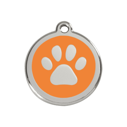 Vue avant - Médaille personnalisée pour chien Red Dingo en émail et acier inoxydable - Empreinte de patte orange - Taille M