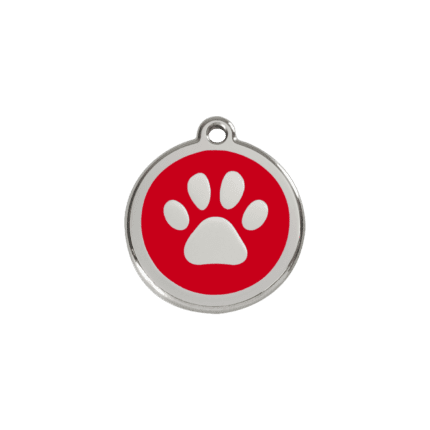 Vue avant - Médaille personnalisable pour chien/chat Red Dingo Émail/Acier inoxydable - Empreinte de patte - Rouge - Taille S