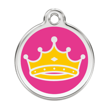 Vue avant - "Médaille personnalisée pour chien Red Dingo Émail et acier inoxydable - Motif Reine - Rose vif - Taille L"