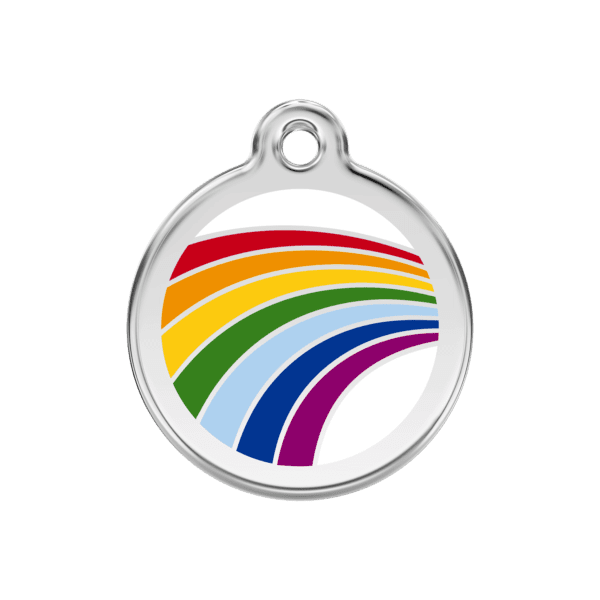 Vue avant - Médaille personnalisée pour chien Red Dingo Émail et acier inoxydable arc-en-ciel blanc - Taille M