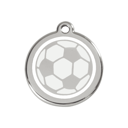 Vue avant - Médaille personnalisée pour chien Red Dingo Émail et acier inoxydable - Ballon de football blanc - Taille M