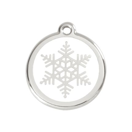 Vue avant - Médaille personnalisée pour chien/chat Red Dingo Émail et acier inoxydable - Flocon de neige blanc - Taille M