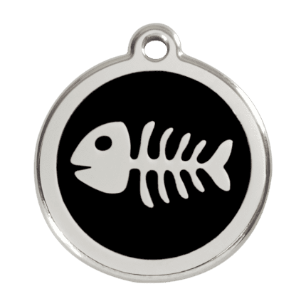 Vue avant - Médaille personnalisable pour chien Red Dingo Émail et acier inoxydable - Squelette de poisson - Noir - Taille L
