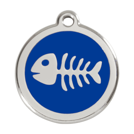 Vue avant - Médaille personnalisée pour chien Red Dingo Émail et acier inoxydable Squelette de poisson Bleu foncé - Taille L