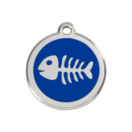 Vue avant - Médaille personnalisée pour chien Red Dingo - Squelette de poisson bleu foncé - Taille M