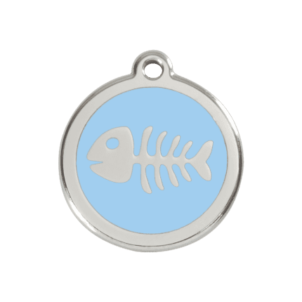 Vue avant - Médaille personnalisée pour chien en émail et acier inoxydable - Motif Squelette de poisson - Bleu clair - Red Dingo