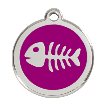 Vue avant - Médaille personnalisée pour chien - Red Dingo - Squelette de poisson violet - Taille L