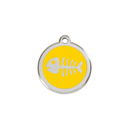 Vue avant - Médaille personnalisée pour chien/chat Red Dingo Émail/Acier Jaune Squelette Poisson - Taille S - 01-SK-YE-SM