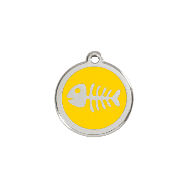 Vue avant - Médaille personnalisée pour chien/chat Red Dingo Émail/Acier Jaune Squelette Poisson - Taille S - 01-SK-YE-SM