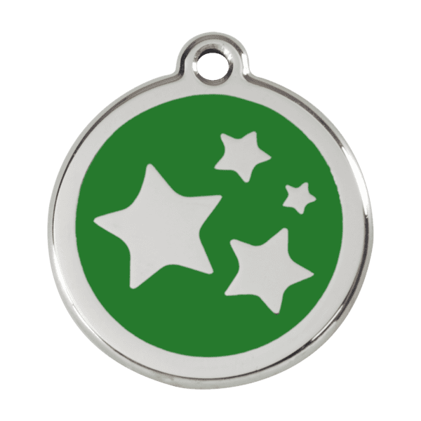 Vue avant - Médaille personnalisée pour chien Red Dingo Émail et acier inoxydable - Motif étoile vert - Taille L 38.00mm