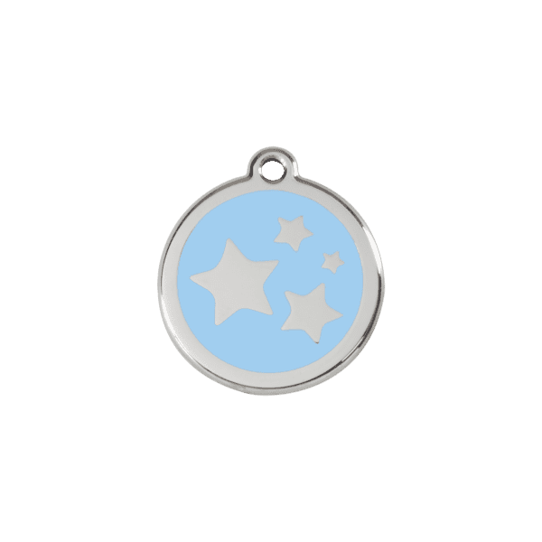 Vue avant - Médaille personnalisée pour chien/chat Red Dingo Émail et acier inoxydable - Motif étoile - Bleu clair - Taille S