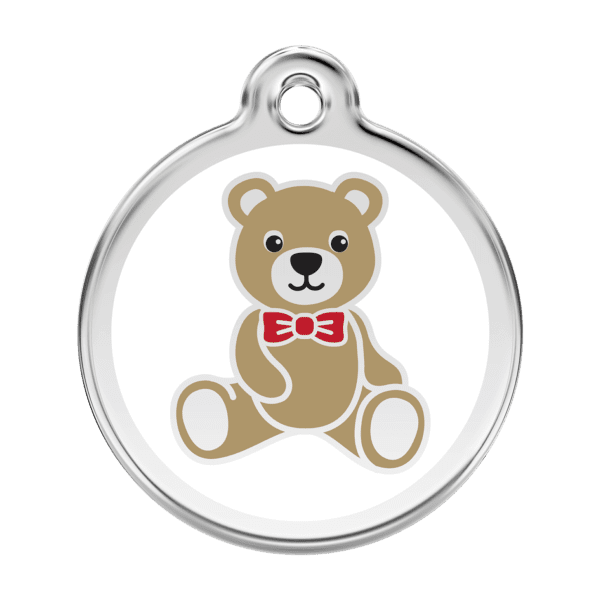 Vue avant - Médaille personnalisée pour chien Red Dingo Émail et acier inoxydable Ours en peluche Blanc 38.00mm