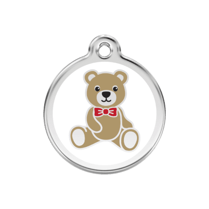 Vue avant - Médaille personnalisée Red Dingo Émail et acier inoxydable Ours en peluche Blanc 30.00mm - Pour chien/chat - Réf : 01-TB-WT-ME