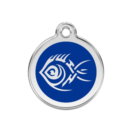 Vue avant - Médaille personnalisée pour chien ou chat Red Dingo Émail et acier inoxydable Poisson tribal Bleu foncé 30mm