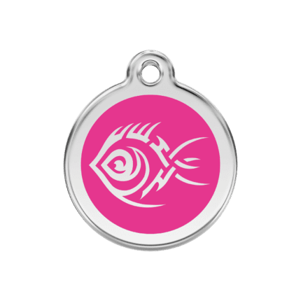 Vue avant - Médaille personnalisée pour chien Red Dingo Émail et acier inoxydable motif poisson tribal rose vif - Taille M