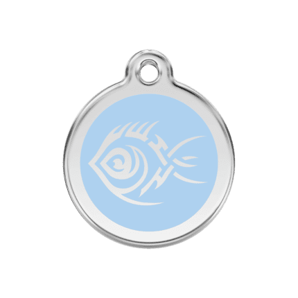 Vue avant - Médaille personnalisée pour chien Red Dingo Émail et acier inoxydable - Poisson tribal - Bleu clair - Taille M